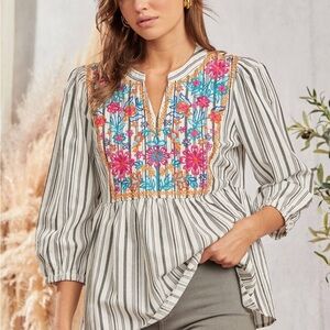 Savanna Jane Striped Babydoll Top with Jewel Tone Embroidery